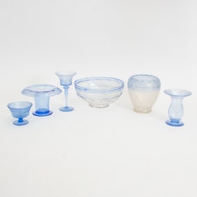 Group of Six Blue Threaded Glass Articles