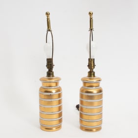 Pair of Porcelain Gilt Painted Vase Form Lamps