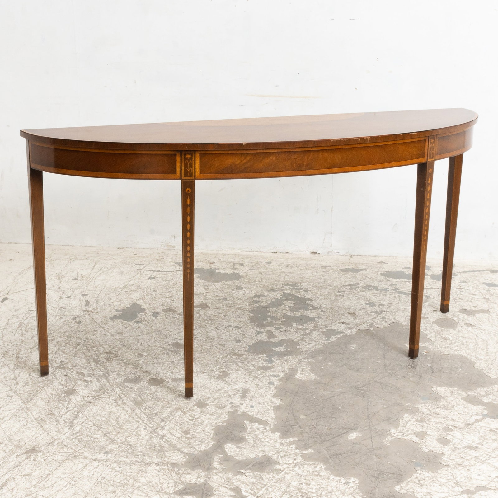 Mahogany Satinwood Inlaid Demilune Console: * (33 1/4" h x 68 1/4" w x 19 3/4" d) Scratches