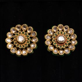 Pair of Indian Gold, Jaipur Enamel and Foil-Backed Diamond Earclips