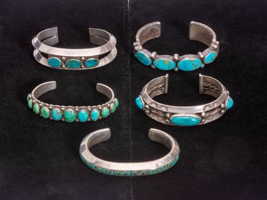 Group of Five Sterling and Turquoise Cuff Bracelets