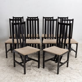 Set of Eight Black Lacquered Leather Back Dining Chairs