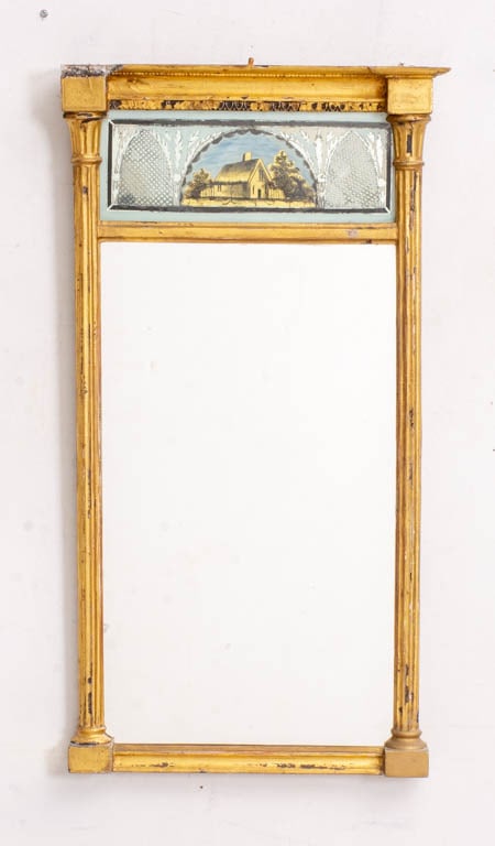 Federal Stye Eglomise Trumeau Mirror: * (29 1/2" h x 16" w) Chip, overall wear
