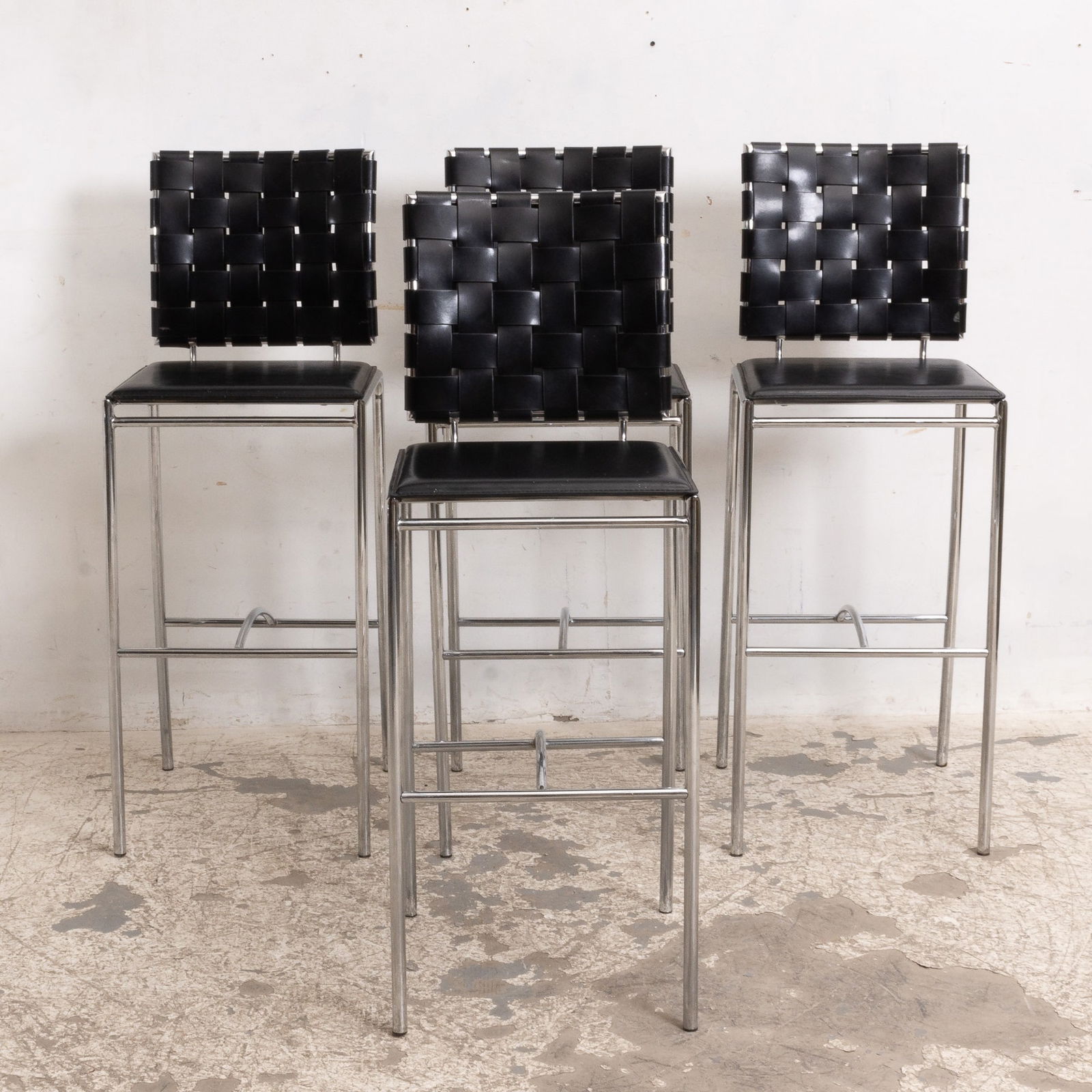 Set of Four Chromed Metal and Faux Leather Upholstered Bar Stools (1 of 4)