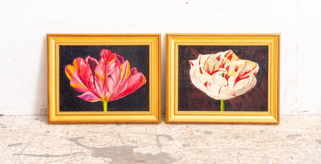 Larry Charles : Two: Tulips Oil on board Each signed and titled on reverse * (Sight 8 1/2" h x 11 1/2" w Overall 11 1/2" x 14 1/2") Good