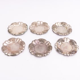 Set of Six Continental Sterling Silver Floral Rim Dishes