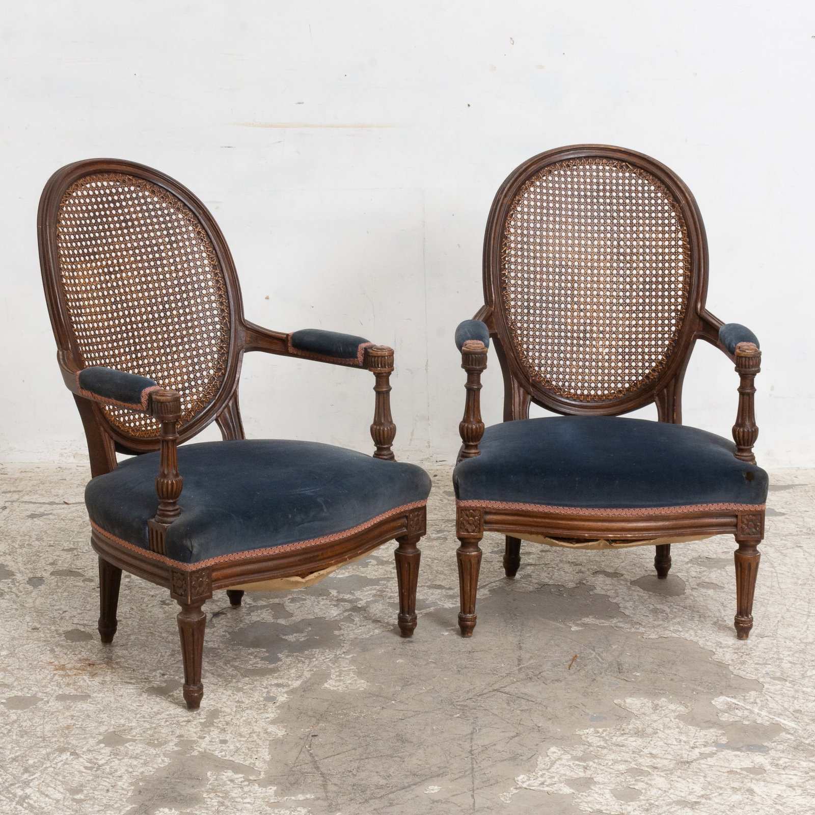 Pair of Caned Back Fauteuil: * (32" h x 20" w x 18 1/2" d Seat to floor 11 1/2" h) Tear to canning and upholstery, stains, scratches and dings