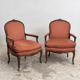 Pair of Walnut Upholstered Open Armchairs