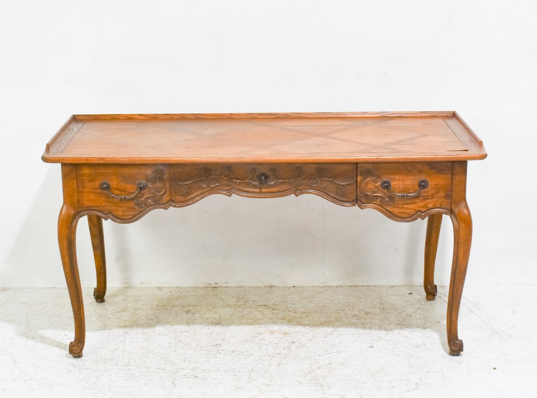 Provincial Oak Desk: With three carved drawers * (30 1/2" h x 60" w x 28" d)