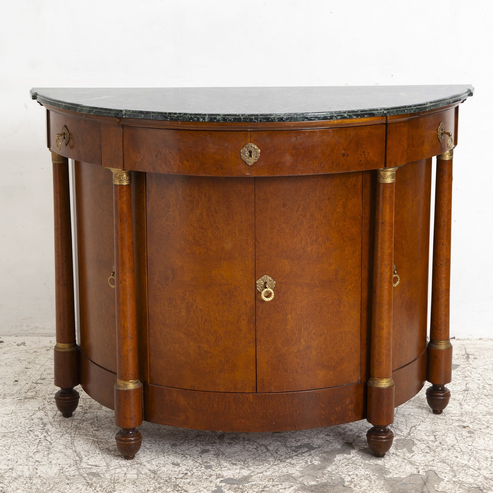 French Empire Style Burl Wood Demilune Marble Top Sideboard (1 of 7)