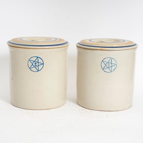 Pair of Salt Glazed Ceramic Lidded Jars