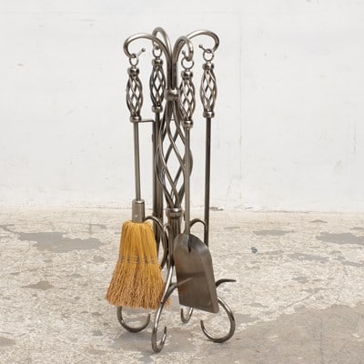 Steel Fireplace Tools: Comprising broom, poker, shovel, clamp * (29" h) Good