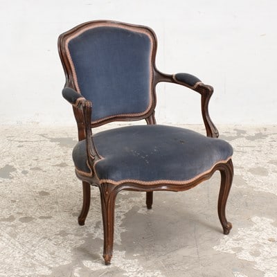 Louis XVI Style Mahogany Upholstered Armchair: (36" h x 24" w x 22" d) Tears, stains, scratches