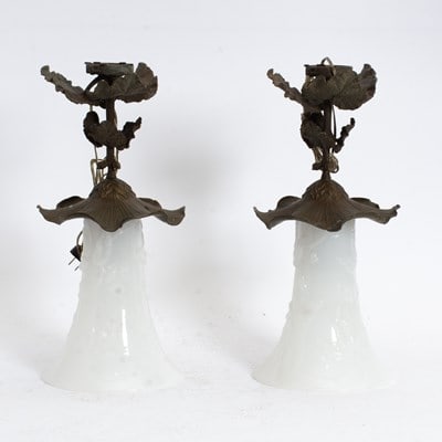 Pair of Metal and Milk Glass Floral Form Ceiling Lights: * (17" h) Untested