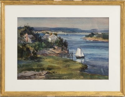 Paul Strisik: Gull Point Watercolor on paper Signed (ll) * (Sight 14" h x 20 1/2" w Overall 22 5/8" x 28 1/2") Wear to frame