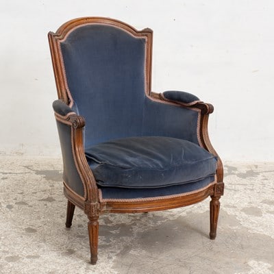 Louis XV Style Blue Upholstered Armchair: * (36" h x 26" w x 22" d) Tears, sun fading, stains, overall wear