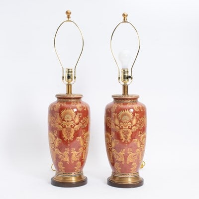 Pair of Porcelain Gilt-Decorated Vase-Form Lamps: * (16 1/2" h x Overall 30" h) Untested