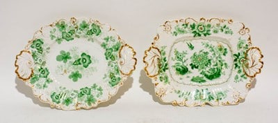 Two Green and White Rococo Style Serving Dishes: One makred on reverse: "Convolvulus" Some loss to gilding, one shell handle cracked and repaired (oval)