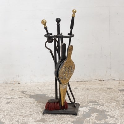 Cast Iron Fireplace Tools: Comprising fan, broom, poker, thongs (27" h) AS IS