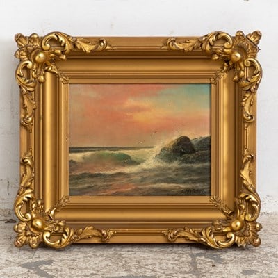 T. Mitchell: Coastal Scene Oil on canvas Signed (lr) (Sight 7 1/2" h x 9 1/2" w Overall 14" x 16 1/4") Breaks to frame