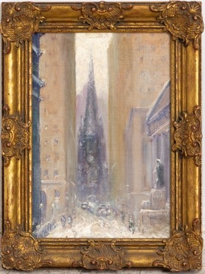 After Johann Berthelsen: View of Wall Street, with Federal Hall and Trinity Church in the DistanceOil on canvasboard (Sight 13 3/4" hx 9 3/8" w Overall 17 1/4" x 13") Good