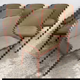 Set of Six Ward Bennett Cherrywood Upholstered Armchairs: Ward Bennett for Brickel (33" h x 22 7/8" w x 19 3/8" d Seat to floor 17") Light scratches, some discolororation and light staining on fabric