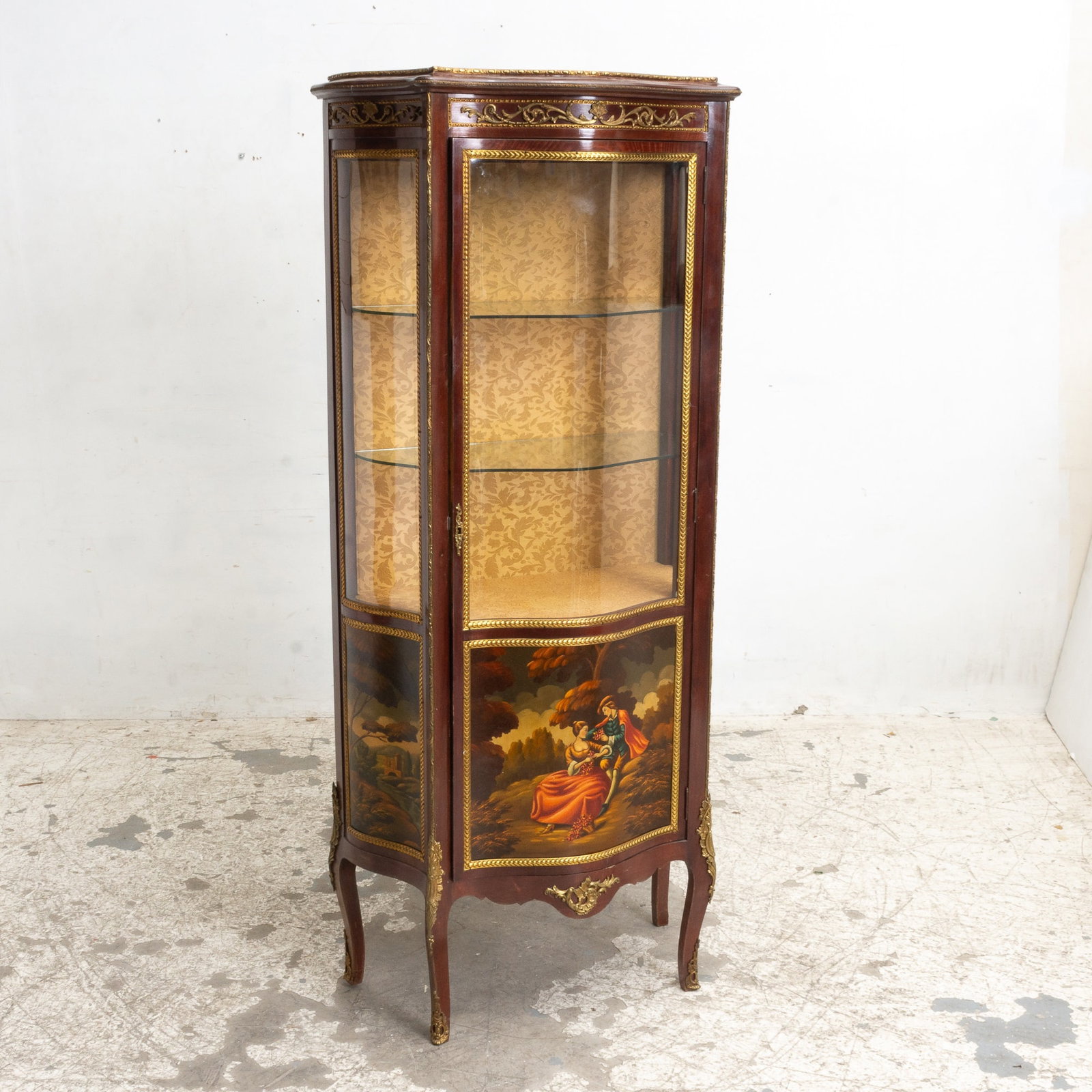 French Stained Beechwood, Vernis Martin, Gilt-Metal Mounted and Glass Vitrine: 67" h x 29" w x 16" d