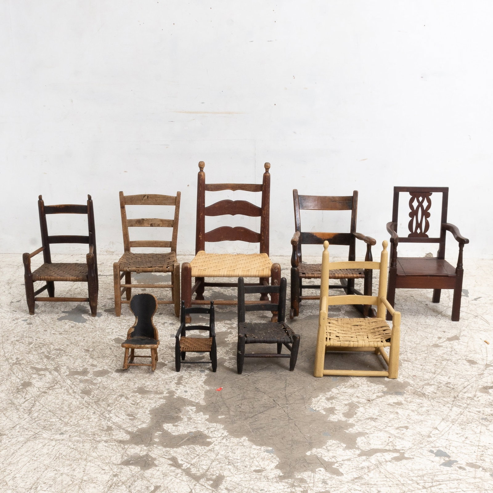 Nine Wooden Miniature and Child's Chairs: Largest 26" h x 17" w x 13" d