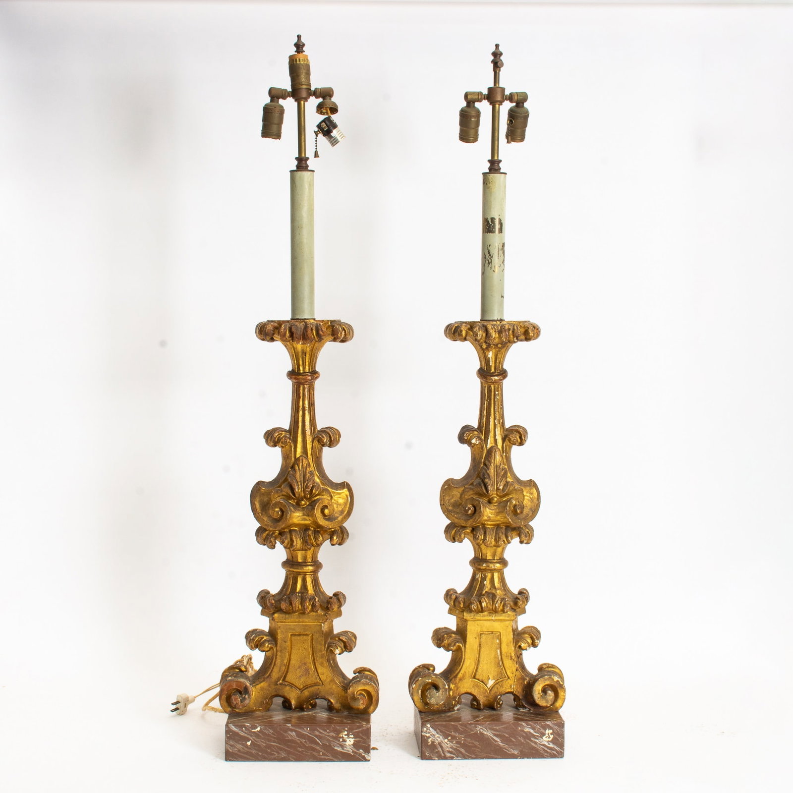 Baroque Style Gilt Painted Carved Floor Lamps: On marble base 45 1/2" h