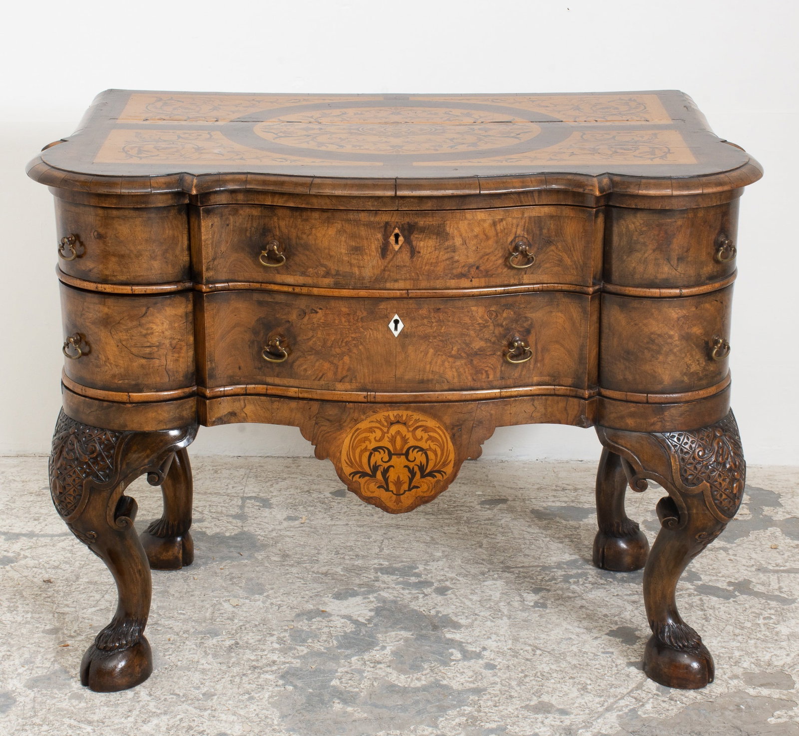 George I Style Marquetry Walnut Chest Of Drawers: Legs terminating in hairy hooves feet 30" h x 38" w x 21 3/4" d