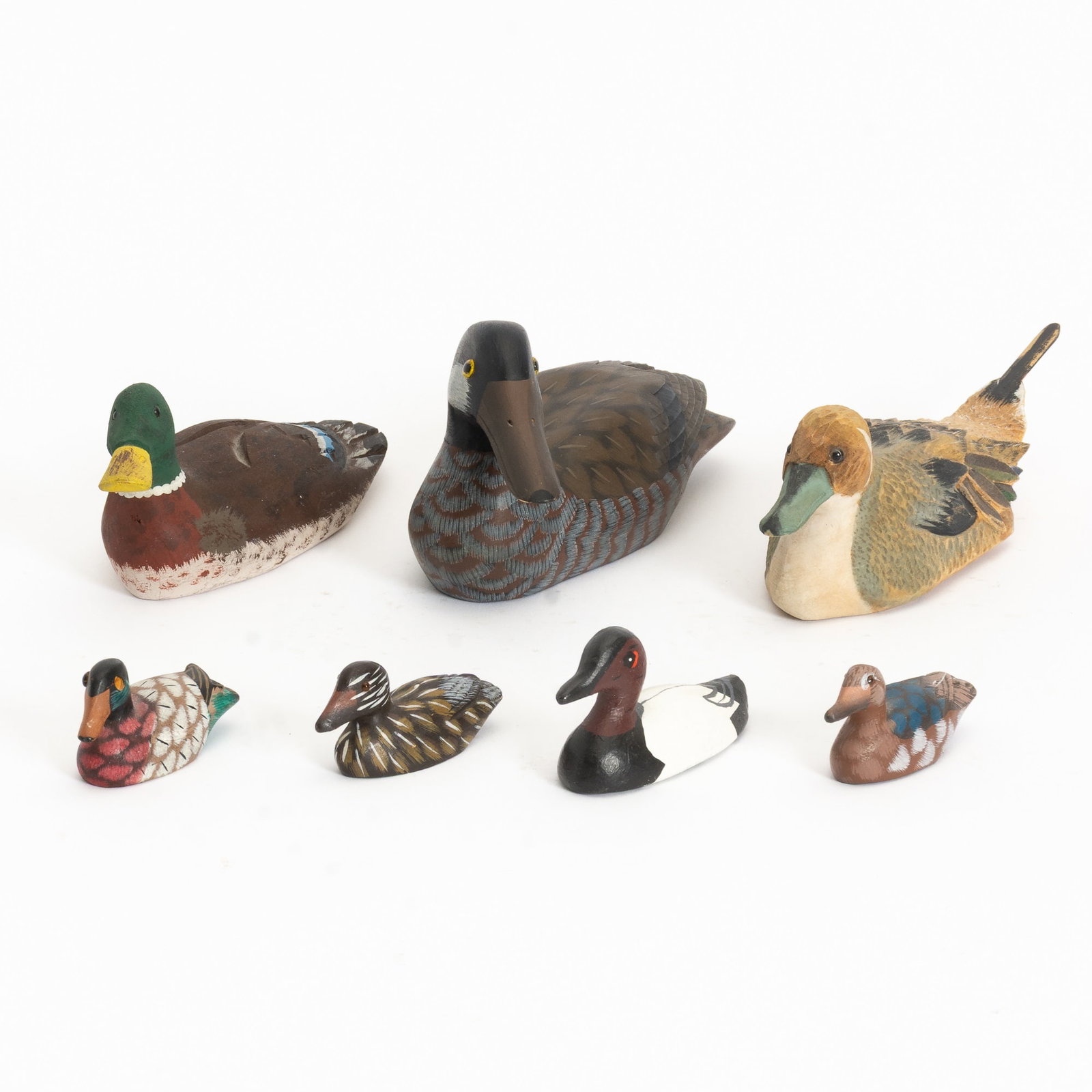 Group of Seven Duck Figures: Largest 3" h x 5 1/" w x 2" d