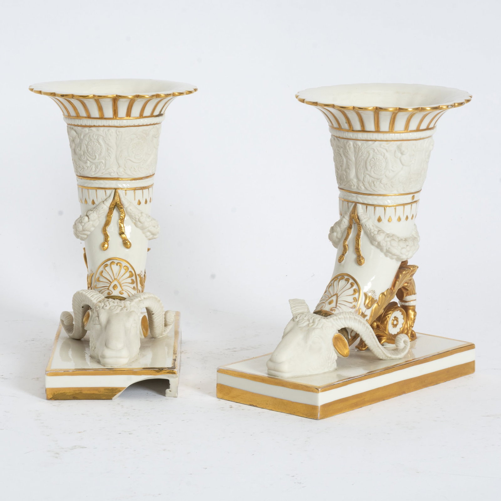 Pair of Porcelain Ram's Head Cornucopias: 9 1/2" h x 8 1/8" w x 4 1/8" d