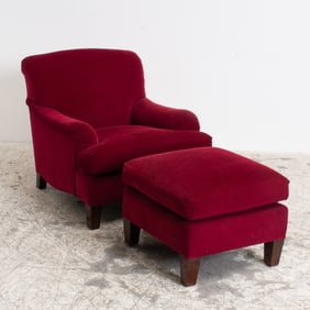 Red Upholstered Armchair and Ottoman