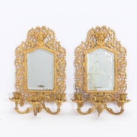 Pair of French Baroque Style Gilt Metal Mirrored Sconces