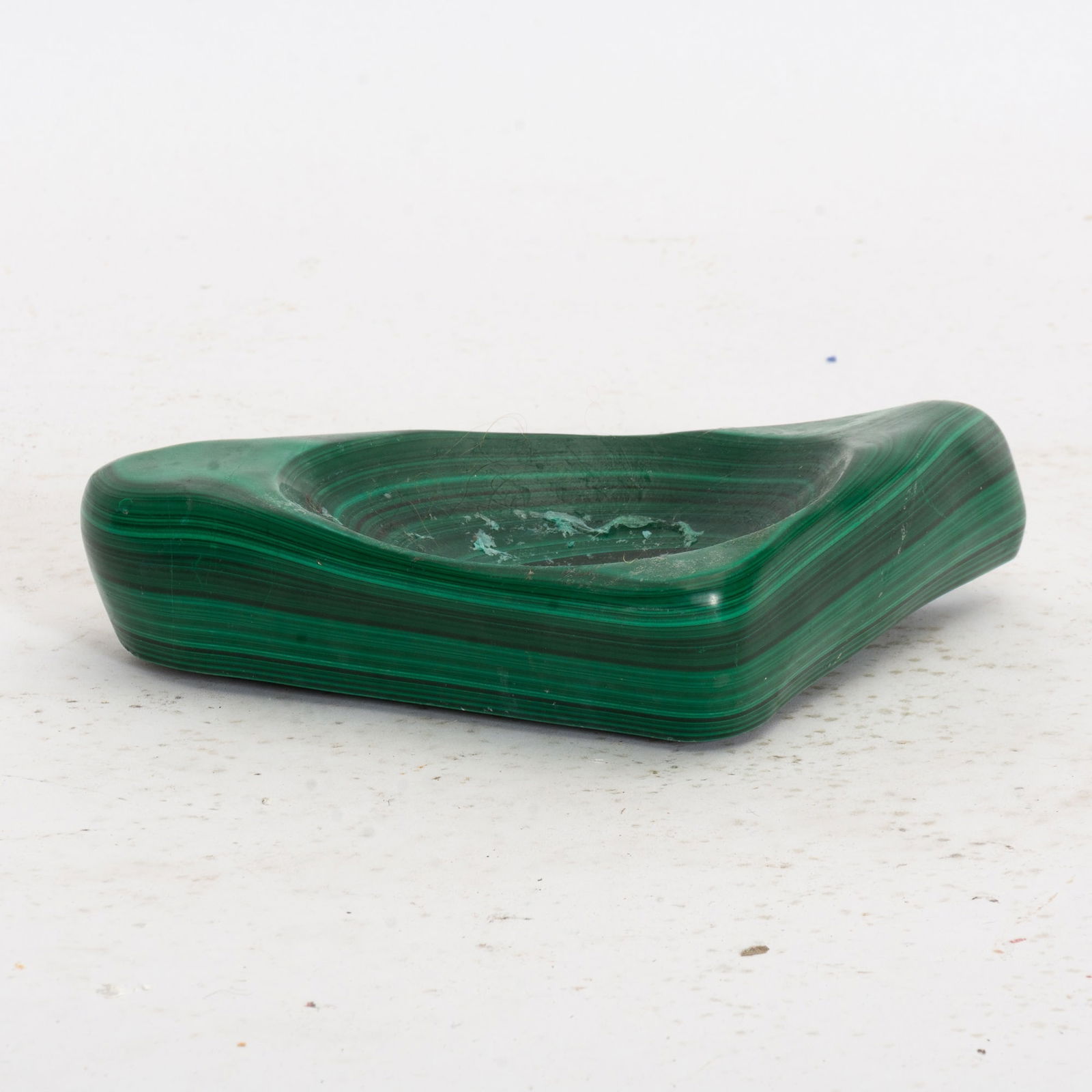 Malachite Catchall: (1 1/2" h x 8 1/2" w x 5 1/4" d) Wax residue, scratches