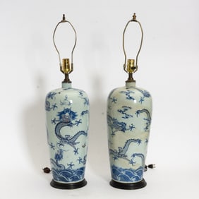 Pair of Porcelain Blue and White Dragon Vases