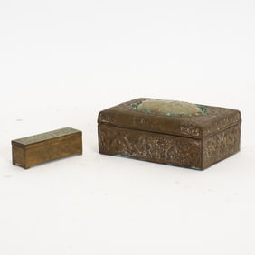 Two Asian Brass Hardstone Inlaid Boxes