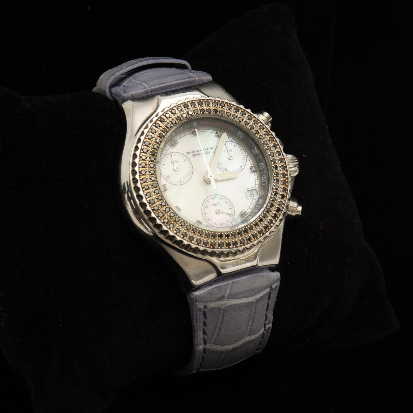 Technomarine Mother-of-Pearl, Black Diamond, and Stainless Steel Wristwatch: Techno Millennium Chronograph Ap. 50.4 dwts. gross (9 1/4" w) Scratches to face