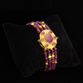 Four Strand Ruby Bead, 14KT Gold and Ruby Bracelet