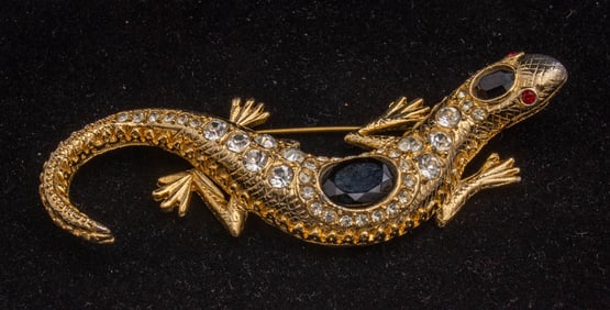 Kenneth Jay Lane Gilt-Metal and Rhinestone Gecko Pin