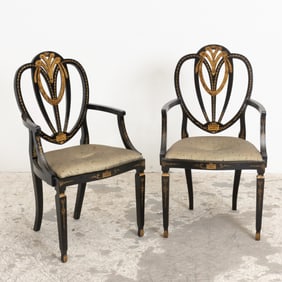 Pair of George III Style Black and Polychrome Painted Armchairs