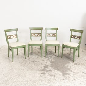 Set of Four Regency Style Green Painted Wood Dining Chairs
