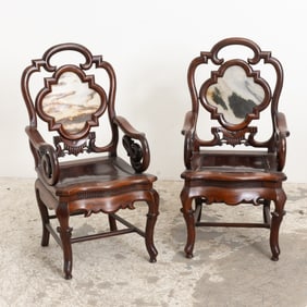 Pair of Chinese Marble Inset Hardwood Arm Chairs