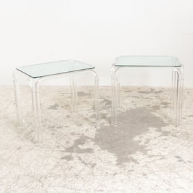 Pair of Modern Lucite Based Glass Top Side Tables