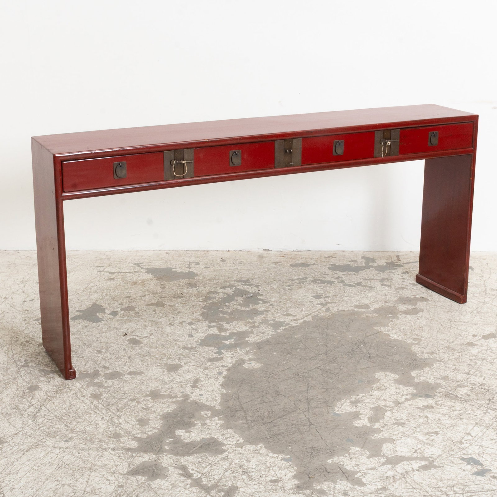 Red Lacquer Four-Drawer Console: (33" h x 71" w x 13" d) Scratches