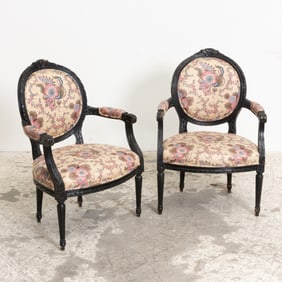 Pair of Black Painted Upholstered Fauteuils