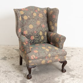 Georgian Style Fruit Pattern Upholstered Wing-Back Armchair