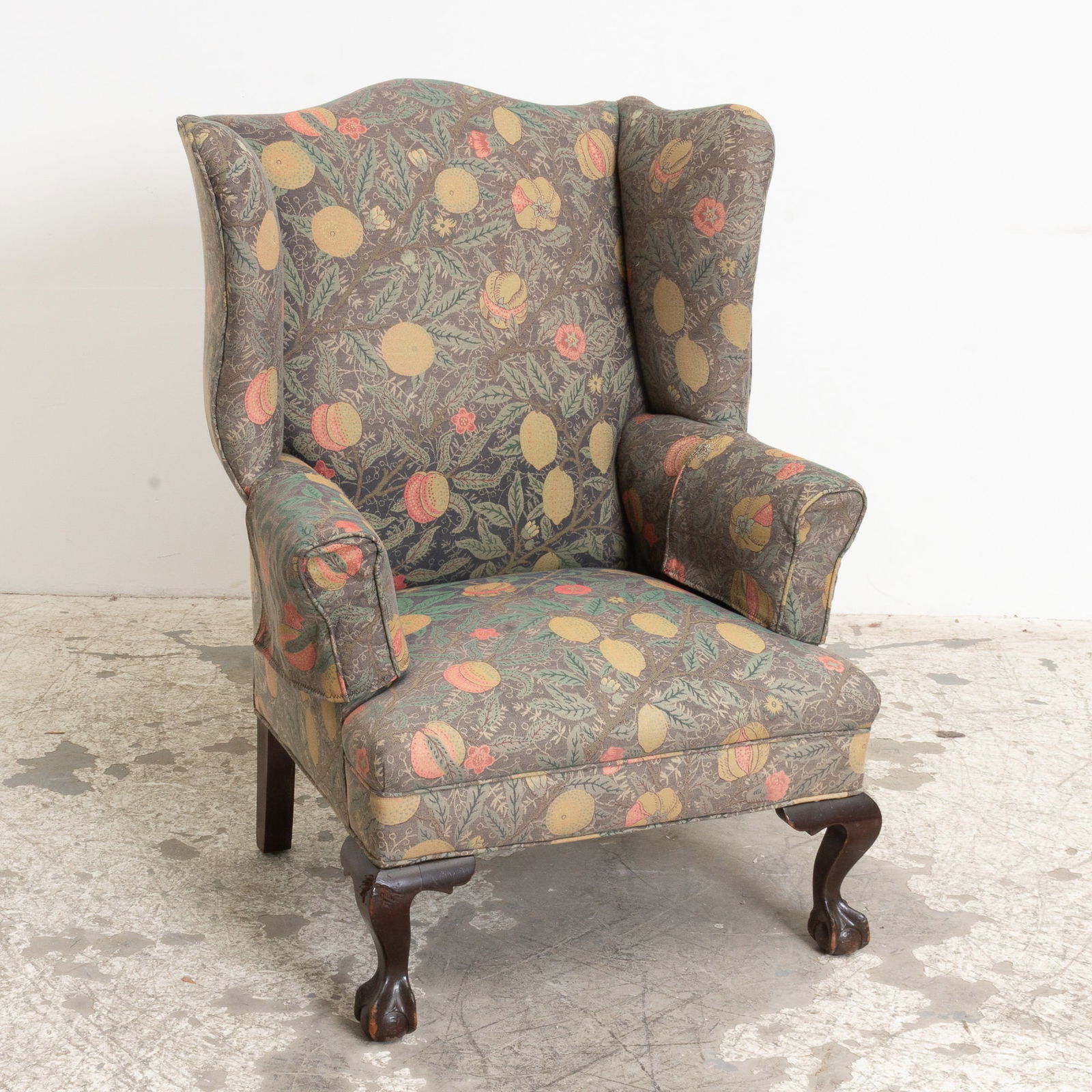 Georgian Style Fruit Pattern Upholstered Wing-Back Armchair: (42 1/2" h x 33" w x 26" d Seat to floor 15" h) Good