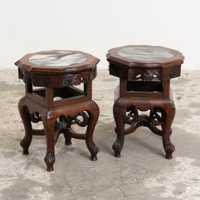 Chinese Marble Inset Hardwood Side Tables