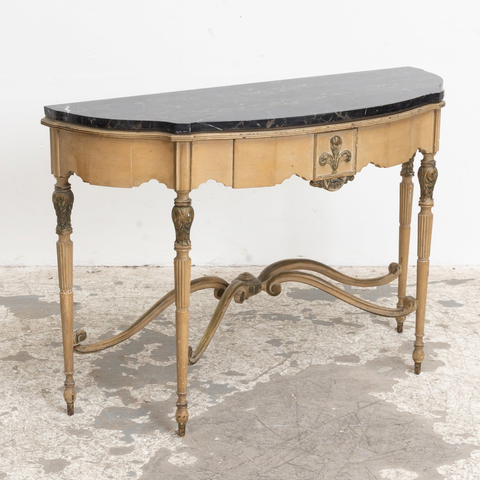 Cream Painted Wood Demilune Table: with Marble Top (30 1/2" h x 45" w x 16 1/2" d) Loss to paint